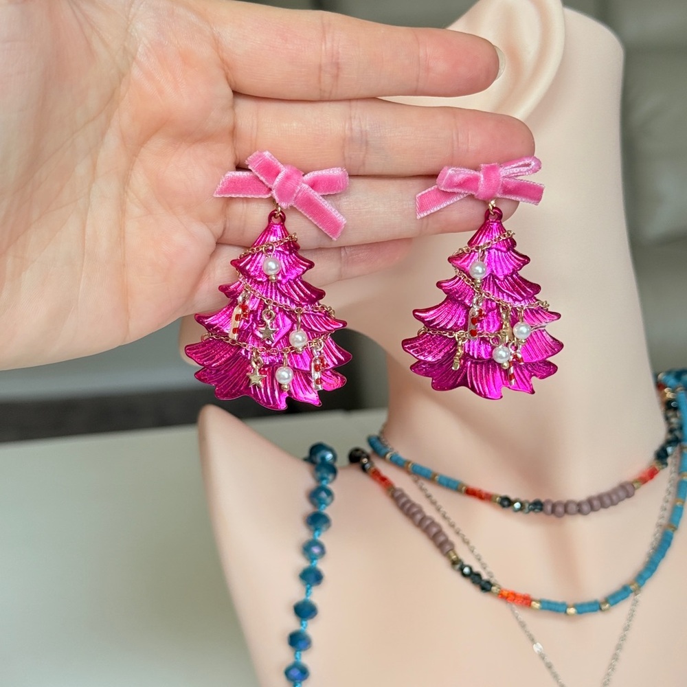 Pink Ribbon Tree Drop Earrings - Picture 9 of 13
